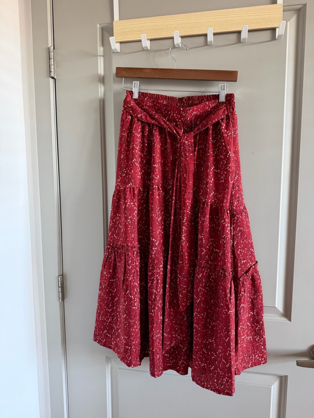 Women's Red Tiered Maxi Skirt with Tie Waist